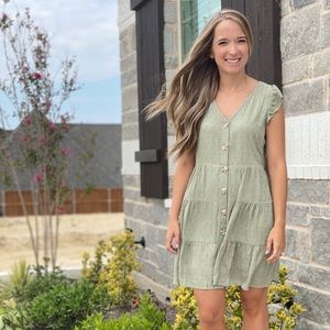 Olive Green Button Ruffle Sleeve Dress